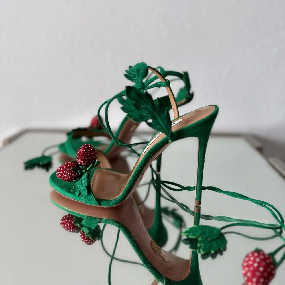 New Aquazzura Green Fragolina 105 Embellished Suede Sandals 37.5 $1,295